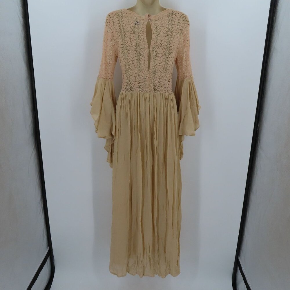ByTimo Womens Small Beige Sheer Lace Long Sleeve Flowy Maxi Dress Boho Chic - Picture 5 of 12